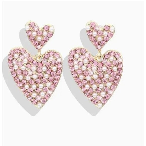 Pink Rhinestone Pearl Heart Dangle Stud Earrings Hearts Prom Wedding - Picture 4 of 4